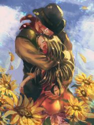 Rule 34 | beard, blue sky, commentary request, couple, cowboy hat, crying, dress, closed eyes, facial hair, flint (mother 3), flower, hat, hidden eyes, highres, hinawa, hug, husband and wife, jewelry, long hair, mother (game), mother 3, nintendo, petals, red dress, ring, scarf, sky, spoilers, sunflower, wedding band