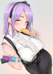 Rule 34 | 10s, 1girl, blush, breasts, candy, center frills, covered erect nipples, dagashi kashi, eyebrows, flower, food, food in mouth, food on face, frills, gradient background, hair flower, hair ornament, hairband, looking at viewer, masuo, purple eyes, purple hair, shidare hotaru, shirt, short hair, skirt, solo, suspender skirt, suspenders, white shirt