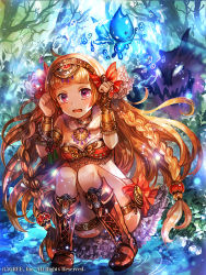 Rule 34 | 1girl, bikini, boots, bow, braid, breasts, brown footwear, day, floating hair, full body, hair bow, hair ornament, hairband, knee boots, light brown hair, long hair, official art, open mouth, outdoors, purple eyes, red bow, rioka (southern blue sky), seisen cerberus, small breasts, solo, squatting, strapless, strapless bikini, swimsuit, tears, thigh strap, very long hair