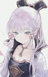 Rule 34 | 1girl, absurdres, ayaka (genshin impact), bad id, bad twitter id, blush, closed mouth, dress, earrings, expressionless, genshin impact, gold trim, grey background, hair ornament, hair ribbon, happiness lilys, highres, jacket, jewelry, long hair, looking at viewer, purple eyes, ribbon, simple background, solo, upper body