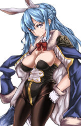 Rule 34 | 10s, 1girl, animal ears, blue hair, bokuso, breasts, cowboy shot, fake animal ears, female focus, gloves, granblue fantasy, hand on own hip, jacket, jacket on shoulders, large breasts, leotard, long hair, looking at viewer, pantyhose, playboy bunny, pout, purple eyes, rabbit ears, simple background, solo, sweat, therese (granblue fantasy), thighs
