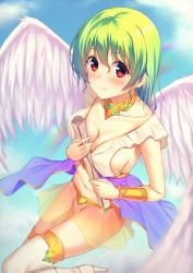 Rule 34 | 1girl, angel wings, blush, breasts, cleavage, green hair, mikazuchi zeus, original, red eyes, scroll, see-through, short hair, smile, solo, thighhighs, wings
