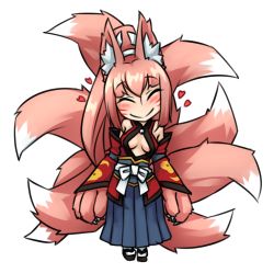 Rule 34 | 1girl, ^ ^, animal ear fluff, animal ears, animal hands, blush, center opening, chibi, claws, closed eyes, detached sleeves, facial mark, fox ears, fox tail, heart, long hair, mon-musu quest!, monorus, multiple tails, pink hair, ponytail, simple background, smile, solo, tail, white background, yao (mon-musu quest!)