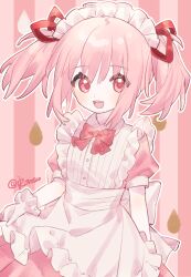Rule 34 | 1girl, :d, apron, arm behind back, artist name, bow, bowtie, buttons, chinese commentary, collared shirt, commentary request, eyes visible through hair, frilled apron, frills, gloves, hair ribbon, highres, kaname madoka, looking at viewer, mahou shoujo madoka magica, mahou shoujo madoka magica (anime), maid headdress, official alternate costume, open mouth, outline, pink background, pink bow, pink bowtie, pink eyes, pink hair, puffy short sleeves, puffy sleeves, ribbon, roro (lolo), shirt, short hair, short sleeves, short twintails, simple background, skirt hold, smile, solo, striped background, twintails, upper body, waist apron, white apron, white gloves, white outline, white shirt