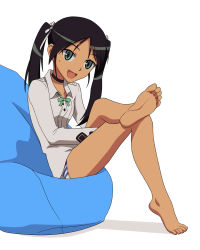 Rule 34 | 1girl, black hair, conejologia, dark-skinned female, dark skin, fang, feet, francesca lucchini, green eyes, highres, sitting, soles, solo, strike witches, toes, twintails, white background, world witches series