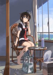 Rule 34 | 1girl, ahoge, bag, barefoot, black shirt, black skirt, blue eyes, blush, bottle, box, braid, breasts, brown hair, chair, cloud, cloudy sky, commentary request, curtains, dappled sunlight, hair flaps, hat, highres, indoors, kantai collection, long hair, looking at viewer, medium breasts, neckerchief, ocean, open window, red neckerchief, sailor collar, school uniform, shade, shigure (kancolle), shigure kai ni (kancolle), shirt, short sleeves, sitting, skirt, sky, solo, sugue tettou, sunlight, table, thermos, unworn hat, unworn headwear, white hat, white sailor collar, window