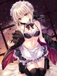 Rule 34 | 1girl, apron, artoria pendragon (all), artoria pendragon (alter swimsuit rider) (fate), artoria pendragon (alter swimsuit rider) (second ascension) (fate), artoria pendragon (fate), bare shoulders, bed sheet, bikini, black bikini, black bow, black hoodie, black jacket, black skirt, black thighhighs, blonde hair, bow, bowtie, braid, breasts, bridal garter, cleavage, fate/grand order, fate (series), french braid, frilled apron, frilled bikini, frilled hairband, frilled skirt, frills, hair bow, hairband, hood, hooded jacket, hoodie, jacket, long sleeves, looking at viewer, maid apron, maid headdress, medium breasts, navel, nogi takayoshi, open clothes, open hoodie, open jacket, saber alter, skirt, smile, swimsuit, thighhighs, waist apron, white apron, yellow eyes