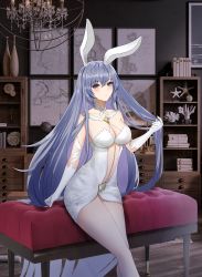 Rule 34 | 1girl, absurdres, animal ears, azur lane, blue hair, breasts, bridal veil, chandelier, cleavage, commentary request, drawer, dress, elbow gloves, fake animal ears, feet out of frame, fossil, gloves, grey eyes, hand in own hair, highres, jewelry, large breasts, leaning on object, long hair, looking at viewer, map, new jersey (azur lane), new jersey (snow-white ceremony) (azur lane), official alternate costume, rabbit ears, shelf, solo, straight hair, veil, very long hair, white gloves, wooden floor, yuyu-lyf