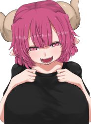 Rule 34 | 1girl, absurdres, black shirt, blunt bangs, breasts, breasts squeezed together, dragon girl, dragon horns, hair between eyes, highres, horns, huge breasts, ilulu (maidragon), kobayashi-san chi no maidragon, looking at viewer, open mouth, pink eyes, pink hair, pointy ears, sharp teeth, shirt, simple background, solo, teeth, tongue, white background