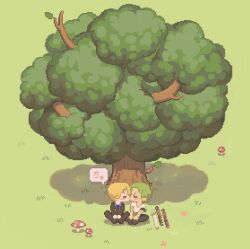 Rule 34 | 2boys, absurdres, blonde hair, couple, curly eyebrows, facial hair, from above, goatee, grass, green hair, hair over one eye, highres, kiss, male focus, multiple boys, mushroom, no.6 (numberr 6), one piece, pixel art, roronoa zoro, sanji (one piece), short hair, translation request, tree, yaoi