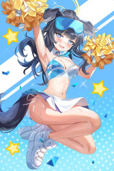 Rule 34 | 1girl, @ @, absurdres, animal ears, arm up, armpits, bare shoulders, black hair, blue archive, blue eyes, blush, breasts, cheering, cheerleader, cleavage, clothes writing, crop top, earrings, eyewear on head, goggles, goggles on head, hibiki (blue archive), hibiki (cheer squad) (blue archive), highres, holding, holding pom poms, jewelry, long hair, looking at viewer, medium breasts, midriff, millennium cheerleader outfit (blue archive), miniskirt, navel, open mouth, panties, pom pom (cheerleading), pom poms, ponytail, shoes, side-tie panties, skirt, skl, sleeveless, smile, sneakers, solo, star (symbol), sticker on face, sunglasses, sweat, tail, underwear, white footwear, white panties, white skirt