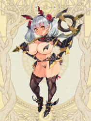 Rule 34 | 1girl, animal ears, axe, black thighhighs, breasts, carrying over shoulder, covered erect nipples, curvy, dairoku ryouhei, earrings, fake animal ears, flower, full body, gauntlets, hair flower, hair ornament, hand on own hip, high heels, holding, holding axe, huge breasts, jewelry, long hair, maebari, navel, official art, pasties, revealing clothes, ryoji (nomura ryouji), silver hair, smile, solo, thighhighs, twintails, yellow eyes