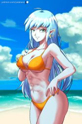 Rule 34 | 1girl, abs, aeos, alternate costume, bare shoulders, beach, bikini, blue eyes, blue hair, blue nails, blue skin, breasts, cloud, colored skin, commentary, commission, cowboy shot, dragon ball, dragon ball heroes, earrings, english commentary, fingernails, grabbing own breast, highres, jewelry, large breasts, long hair, looking at viewer, navel, ocean, outdoors, patreon username, pea-bean, pointy ears, potara earrings, sky, smile, solo, standing, swimsuit, water, watermark, web address, yellow bikini