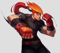 1boy adon_(street_fighter) belt black_pants black_shirt clenched_hands gauntlets highres impossible_hair line_of_action logo male_focus muscular official_alternate_costume official_art orange_hair pants punching shirt simple_background street_fighter street_fighter:_duel