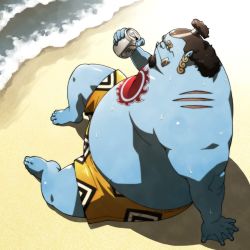 Rule 34 | 1boy, alcohol, beach, beer, black hair, blue skin, can, colored skin, drinking, fat, fat man, jinbe (one piece), jolly roger, male focus, male swimwear, monster boy, ocean, one piece, orange male swimwear, orange swim trunks, outdoors, pirate, plump, print male swimwear, print swim trunks, print swimsuit, sitting, solo, swim trunks, swimsuit, tattoo, topless male, tusks, webbed hands