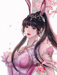 Rule 34 | 1girl, animal ears, black hair, breasts, closed mouth, collar, douluo dalu, dress, falling petals, hair ornament, hand on own chest, highres, long hair, medium breasts, metal collar, petals, pink dress, ponytail, rabbit ears, shi si jia a, smile, solo, upper body, white background, xiao wu (douluo dalu)