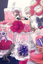 Rule 34 | 3girls, black dress, blonde hair, brown hair, bug, butterfly, cherry, cupcake, dessert, dress, flower, food, fruit, hasha, head wreath, highres, insect, macaron, mini person, minigirl, multiple girls, no nose, original, pink flower, pink rose, profile, red flower, red rose, rose, white butterfly