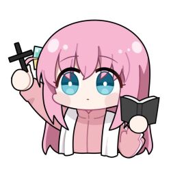 Rule 34 | 1girl, blue eyes, blush, bocchi the rock!, book, bright pupils, chibi, commentary request, cropped torso, cross, cube hair ornament, gotoh hitori, hair ornament, holding, holding book, holding cross, jacket, long hair, lowres, pink hair, pink jacket, simple background, solo, stole, track jacket, white background, white pupils, yuemoe