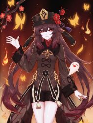 Rule 34 | 1girl, black hat, black nails, black shorts, boo tao (genshin impact), branch, brown coat, brown hair, closed mouth, coat, coattails, commentary, cowboy shot, fire, flower, genshin impact, ghost, hat, hat flower, hat tassel, highres, hu tao (genshin impact), jewelry, kfre (gehm8472), long hair, long sleeves, looking at viewer, multiple rings, red eyes, ring, shorts, smile, solo, symbol-only commentary, twintails