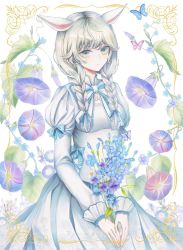 Rule 34 | 1girl, animal ears, blue bow, blue butterfly, blue flower, blue ribbon, bow, braid, bug, butterfly, daisy, expressionless, floral background, flower, forget-me-not (flower), grey hair, highres, hourai kiriri, insect, lily (flower), long hair, long sleeves, looking at viewer, low twintails, original, ribbon, simple background, solo, twin braids, twintails, white background