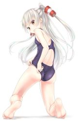 Rule 34 | 1girl, alternate costume, amatsukaze (kancolle), ass, barefoot, blue one-piece swimsuit, closed mouth, commentary request, feet, from behind, gotou hisashi, grey hair, hair tubes, highres, kantai collection, legs, long hair, looking at viewer, one-piece swimsuit, school swimsuit, soles, swimsuit, toes, two side up, white background, white hair, windsock, yellow eyes