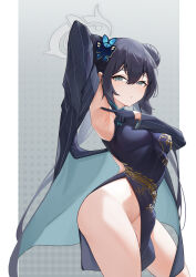Rule 34 | 1girl, absurdres, aged up, arm up, armpits, black dress, black hair, black jacket, blue archive, breasts, butterfly hair ornament, china dress, chinese clothes, closed mouth, cowboy shot, double bun, dragon print, dress, grey eyes, hair between eyes, hair bun, hair ornament, halo, highres, jacket, jiang (kplrt 07), kisaki (blue archive), long hair, long sleeves, looking at viewer, medium breasts, pelvic curtain, presenting armpit, solo, spread armpit, striped clothes, striped jacket, twintails, vertical-striped clothes, vertical-striped jacket