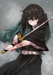 Rule 34 | 1boy, androgynous, aqua eyes, aqua hair, belt, belt buckle, bishounen, black hair, black jacket, black pants, blood, blood on arm, blood on clothes, blood on face, blood on hands, bloody weapon, buckle, butcherboy, buttons, closed mouth, commentary, cowboy shot, demon slayer uniform, grey background, hair between eyes, holding, holding sword, holding weapon, jacket, katana, kimetsu no yaiba, long hair, looking at viewer, male focus, multicolored hair, pants, sleeves past elbows, solo, standing, sword, tokitou muichirou, tsuba (guard), two-tone hair, weapon, white belt, wide sleeves