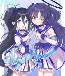 Rule 34 | 2girls, :d, ;), aris (blue archive), black eyes, black hair, blue archive, blue eyes, choker, collarbone, commentary request, detached sleeves, frilled skirt, frills, hair between eyes, halo, heart, heart hands, highres, idol, idol clothes, long hair, long hair between eyes, long sleeves, looking at viewer, mischievous straight uniform (blue archive), multiple girls, official alternate costume, one eye closed, open mouth, pleated skirt, side ponytail, sidelocks, simple background, skirt, smile, two-tone background, two side up, yuu2, yuuka (blue archive)