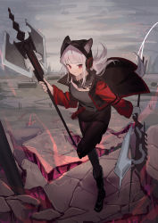 Rule 34 | 1girl, absurdres, animal ear fluff, animal ears, arknights, axe, black hat, black pantyhose, black skirt, closed mouth, cloud, cloudy sky, crack, cracked floor, day, desert, dual wielding, ears through headwear, fox ears, fox girl, fox tail, frostleaf (arknights), grey hair, grey shirt, hat, highres, holding, holding axe, jacket, leg up, long hair, long sleeves, material growth, miniskirt, natsuba002, open clothes, open jacket, oripathy lesion (arknights), outdoors, pantyhose, red eyes, red jacket, rock, shirt, skirt, sky, solo, standing, standing on one leg, tail