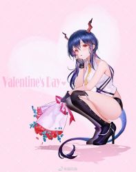 Rule 34 | 1girl, arknights, black footwear, black gloves, blouse, blue hair, blush, boots, bouquet, breasts, ch&#039;en (arknights), fingerless gloves, flower, full body, gloves, hair between eyes, hand on own cheek, hand on own face, high heel boots, high heels, highres, horns, long hair, low twintails, medium breasts, necktie, parted lips, petals, pink background, red eyes, shin guards, shirt, short shorts, shorts, sidelocks, simple background, sleeveless, sleeveless shirt, solo, squatting, tail, thigh boots, thighhighs, thighs, tuzhate, twintails, valentine, weibo watermark, white shirt, yellow necktie
