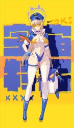 Rule 34 | 1girl, absurdres, alternate costume, bare shoulders, bikini, blonde hair, blue archive, blue eyes, boots, breasts, character name, choker, closed mouth, commentary request, cropped jacket, curvy, full body, glasses, gloves, groin, halo, hand on own hip, highleg, highleg bikini, highres, holding, holster, large breasts, long hair, looking at viewer, midriff, navel, rekaerb maerd, revealing clothes, rolling suitcase, shiny skin, simple background, skindentation, solo, standing, suitcase, swimsuit, thigh holster, thighhighs, thong, thong bikini, toki (blue archive), very long hair, white thighhighs, wide hips