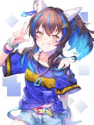 Rule 34 | 1girl, animal ears, bare shoulders, belt, belt buckle, blue hair, blue nails, blue shirt, blush, brown hair, buckle, collarbone, commentary request, daitaku helios (umamusume), grin, hair ornament, hairclip, half-closed eyes, hand up, highres, horse ears, horse girl, horse tail, ittokyu, long hair, looking at viewer, multicolored hair, multicolored nails, nail polish, off shoulder, one side up, shirt, short shorts, short sleeves, shorts, signature, smile, solo, star (symbol), star hair ornament, streaked hair, tail, two-tone hair, umamusume, w, white shorts, yellow eyes