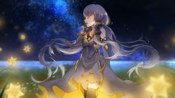Rule 34 | 1girl, ahoge, black thighhighs, blue hair, blurry, blurry background, closed eyes, cowboy shot, detached sleeves, dress, floating hair, hair ornament, highres, kleinlight, long hair, night, open mouth, outdoors, short dress, sky, sleeveless, sleeveless dress, solo, standing, star (sky), starry sky, thighhighs, twintails, very long hair, vocaloid, vocanese, xingchen