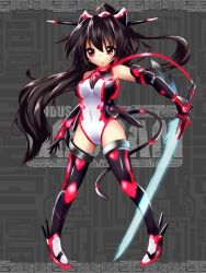 Rule 34 | 1girl, afiryka aries, armpits, bare shoulders, black hair, boots, covered navel, elbow gloves, energy sword, full body, gloves, hair ornament, halterneck, leotard, long hair, mechanical tail, neon trim, pigeon-toed, ponytail, red eyes, sanzenkai no avatar, skin tight, solo, standing, sword, tail, thigh boots, thighhighs, weapon, youmou usagi