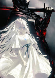 Rule 34 | 1boy, 1girl, armor, black ribbon, blue eyes, cloak, dress, ender lilies quietus of the knights, full armor, highres, holding, holding sword, holding weapon, hood, hooded cloak, jewelry, knight, lily (ender lilies), long hair, necklace, over shoulder, parted lips, plate armor, ribbon, sword, sword over shoulder, umbral knight (ender lilies), very long hair, weapon, weapon over shoulder, white dress, white hair, yoshi (j contrast)