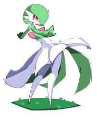 Rule 34 | 1girl, blush, colored skin, creatures (company), female focus, flat chest, full body, game freak, gardevoir, gen 3 pokemon, grass, green hair, green skin, hair over one eye, highres, kakihou, light blush, multicolored skin, nintendo, open mouth, outstretched arms, pokemon, pokemon (creature), red eyes, short hair, simple background, solo, standing, two-tone skin, white background, white skin