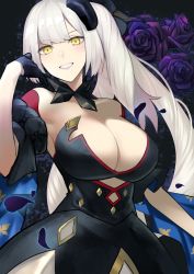 Rule 34 | 1girl, alternate breast size, bare shoulders, black dress, black flower, black gloves, black rose, blush, breasts, cleavage, collarbone, dress, fate/grand order, fate (series), flower, gloves, grin, highres, large breasts, long hair, looking at viewer, marie antoinette (alter) (fate), marie antoinette (fate), rose, side ponytail, silver hair, smile, tsuchifumazu, very long hair, yellow eyes