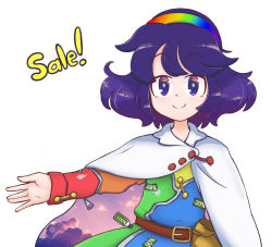 Rule 34 | 1girl, belt, brown belt, cape, cloak, closed mouth, cloud print, dress, english text, hairband, happy, highres, keb00b, long sleeves, multicolored clothes, multicolored dress, multicolored hairband, patchwork clothes, purple eyes, purple hair, rainbow gradient, red button, short hair, simple background, sky print, smile, tenkyuu chimata, touhou, two-sided cape, two-sided fabric, watermark, white background, white cloak, yellow bag, zipper, zipper pull tab