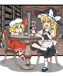 Rule 34 | 3girls, :d, :o, apron, asymmetrical hair, back bow, black dress, black footwear, blonde hair, blue bow, blush, book, book stack, bookshelf, bow, braid, buttons, capelet, chair, checkered ceiling, chibi, commentary request, crescent, crescent hat ornament, crossed arms, crossed legs, cup, dot nose, dress, flandre scarlet, full body, hair between eyes, hair bow, hair ribbon, hat, hat bow, hat ornament, head rest, highres, holding, holding book, inuno rakugaki, jitome, kirisame marisa, long hair, looking at another, mob cap, multicolored wings, multiple girls, open mouth, patchouli knowledge, pillar, pink capelet, pink headwear, purple hair, red bow, red eyes, red footwear, red skirt, red vest, ribbon, saucer, shadow, shirt, short sleeves, side braid, sidelocks, sitting, skirt, skirt set, smile, socks, table, teacup, tile floor, tiles, touhou, tress ribbon, v-shaped eyebrows, vest, waist apron, white bow, white shirt, white socks, wide sleeves, wings, witch hat, wrist cuffs, yellow eyes