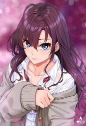 Rule 34 | 1girl, :3, blue eyes, blurry, blurry background, brown hair, commentary request, highres, ichinose shiki, idolmaster, idolmaster cinderella girls, infinote, jacket, long hair, looking at viewer, necktie, off shoulder, open collar, signature, solo, vignetting, wavy hair