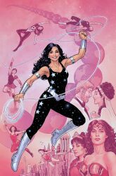 Rule 34 | 1boy, 3girls, beard, black hair, blonde hair, boots, comic cover, commentary, dc comics, diana prince, donna troy, earrings, earth (planet), english commentary, facial hair, flying, full body, highres, hippolyta (dc), holding, holding lasso, holding rope, jewelry, lasso, leotard, multiple girls, nicolascottart, official art, planet, rope, short hair, star (symbol), star print, superhero costume, teen titans, western comics (style), wonder girl, wonder woman, wonder woman (series)