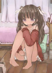 Rule 34 | 1girl, alarm clock, artist name, bare shoulders, barefoot, bed, blush, bottle, brown hair, cameltoe, cellphone, clock, collarbone, cup, curtains, cushion, dated, dress, drinking glass, embarrassed, female focus, full body, hair ribbon, hand up, highres, indoors, knees up, long hair, nose blush, off shoulder, open mouth, original, panties, pantyshot, phone, purple eyes, red sweater, ribbon, signature, sitting, sleeves past wrists, solo, sweat, sweater, tray, two side up, ugogogesik, underwear, upskirt, wavy mouth, wet, wet clothes, wet panties, white dress, white panties, white ribbon
