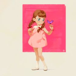 Rule 34 | 1girl, alkemanubis, blue eyes, blush, braid, brown hair, bug, butterfly, child, collar, dress, hair ribbon, highres, insect, long hair, looking away, original, pink dress, ribbon, shoes, simple background, socks, strap shoes, twin braids
