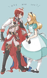 Rule 34 | 1boy, 1girl, ^ ^, alice (alice in wonderland), alice in wonderland, apron, arm grab, blonde hair, blue dress, blush, boots, bow, brooch, checkered sash, closed eyes, crossover, crown, disney, dress, english text, closed eyes, flower, formal, gloves, headband, high heel boots, high heels, izumi (2476264), jewelry, mary janes, mini crown, puffy short sleeves, puffy sleeves, red hair, riddle rosehearts, rose, shoes, short sleeves, sideways mouth, smile, suit, trait connection, twisted wonderland, white apron, white legwear