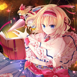 1girl alice_margatroid apron blonde_hair blouse blue_eyes book capelet doll dress hairband lance long_hair polearm rakkyhappy ribbon sash shanghai_doll shirt short_hair skirt smile string touhou weapon