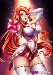 Rule 34 | 1girl, alternate costume, alternate hairstyle, bare shoulders, breasts, cleavage, detached sleeves, dress, green eyes, gun, hair ornament, hair over one eye, handgun, large breasts, league of legends, lipstick, long hair, looking at viewer, lord dominik, magical girl, makeup, orange hair, pistol, miss fortune (league of legends), short dress, solo, star (symbol), star guardian (league of legends), star guardian miss fortune, weapon