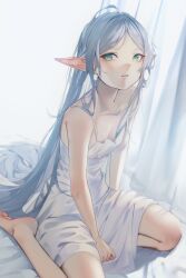 Rule 34 | 1girl, bare arms, bare shoulders, barefoot, bed, bed sheet, breasts, cleavage, collarbone, curtains, elf, feet, frieren, green eyes, lingerie, long hair, looking at viewer, negligee, on bed, pero (peroneko0510), pointy ears, sitting, small breasts, solo, sousou no frieren, spaghetti strap, underwear, very long hair, wariza, white hair, white negligee