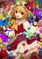 Rule 34 | 1girl, :d, absurdres, ascot, bad id, bad twitter id, black gloves, blonde hair, bow, center frills, commentary request, cover, cowboy shot, crystal, daimaou ruaeru, fang, flandre scarlet, frilled shirt collar, frills, gloves, hand up, hat, hat bow, highres, holding, holding pen, lego, light particles, long hair, long sleeves, looking at viewer, mob cap, nail polish, one side up, open mouth, pen, petticoat, puffy sleeves, puzzle piece, red bow, red eyes, red nails, red skirt, shirt, single glove, skirt, skirt set, smile, solo, standing, stuffed animal, stuffed toy, teddy bear, thighs, touhou, toy train, white hat, white shirt, wings, yellow ascot