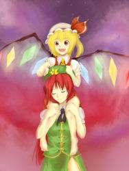 Rule 34 | :d, ascot, barefoot, beret, blonde hair, blush, bow, carrying, china dress, chinese clothes, commentary request, cowboy shot, dress, expressive clothes, closed eyes, fangs, flandre scarlet, frilled sleeves, frills, full body, green dress, happy, hat, hat bow, highres, hong meiling, long hair, open mouth, pointing, puffy short sleeves, puffy sleeves, red eyes, red hair, seven star, short hair, short sleeves, shoulder carry, side ponytail, simple background, smile, star (symbol), touhou, very long hair, wings