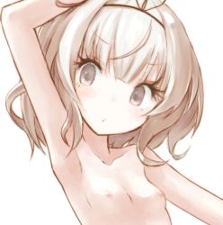 Rule 34 | 1girl, arm up, armpits, bad id, bad pixiv id, blush, breasts, brown eyes, buran (kure), collarbone, female focus, grey eyes, hair ribbon, nipples, original, red ribbon, ribbon, short hair, silver hair, simple background, small breasts, solo, topless frame, upper body, white background